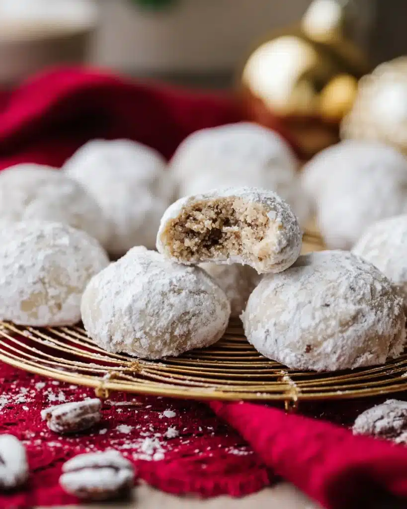 Russian Tea Cakes 6 Powdered sugar-coated Russian Tea Cakes with a bite showing nutty center