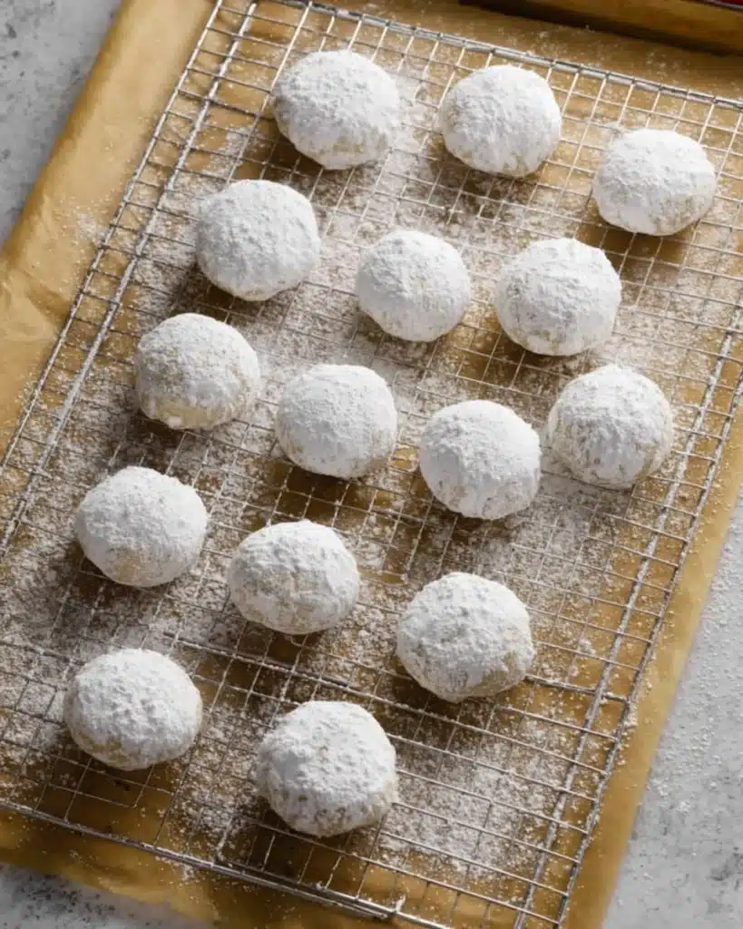 Russian Tea Cakes 5 Freshly baked Russian Tea Cakes coated in powdered sugar on cooling rack