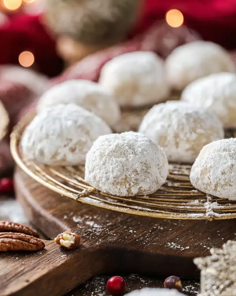 Russian Tea Cakes 1 Snowball cookies coated in powdered sugar on a cooling rack with rustic wooden background