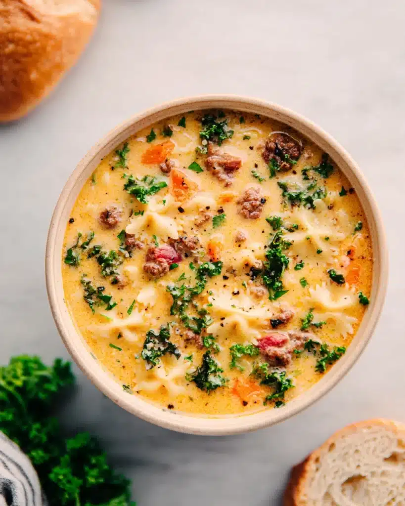 Creamy sausage pasta soup with kale, carrots, and bowtie pasta in a beige bowl
