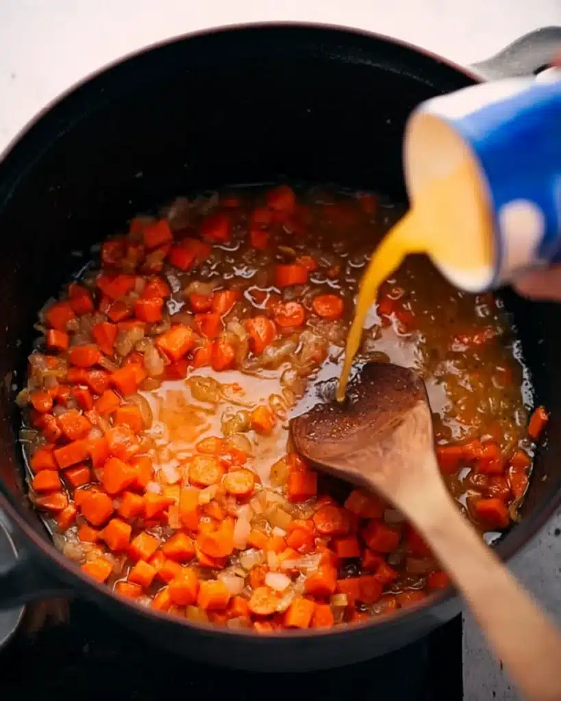 Pouring broth into sautéed carrots and onions in pot