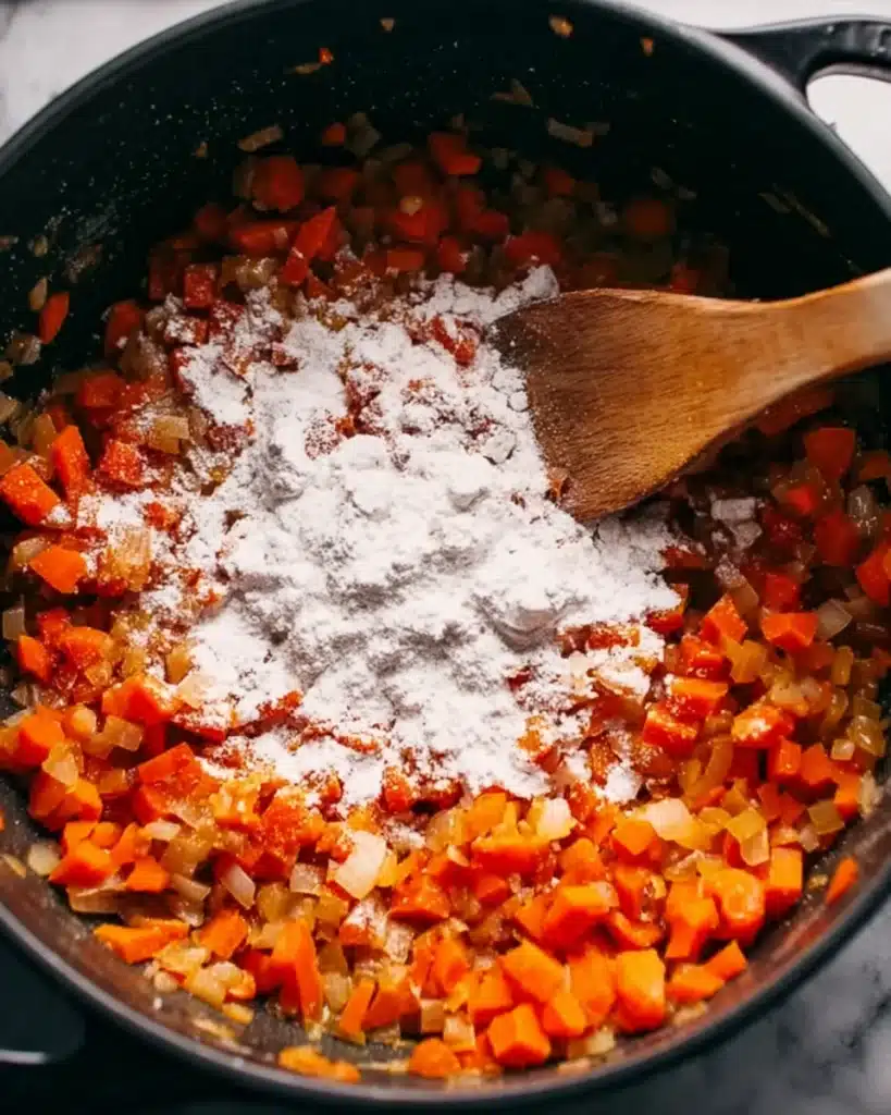 Sautéed carrots and onions with flour in pot for soup