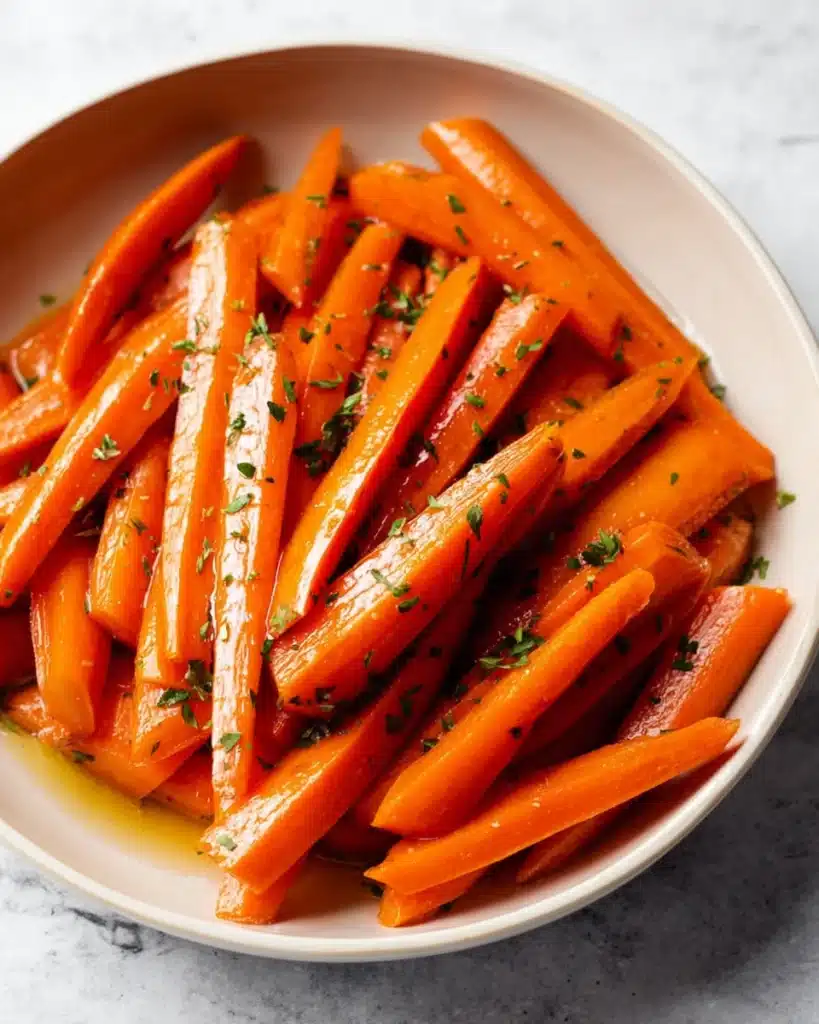 Simple Glazed Carrots 1 Simple Glazed Carrots sticks in a cream bowl topped with fresh herbs on a light stone surface.
