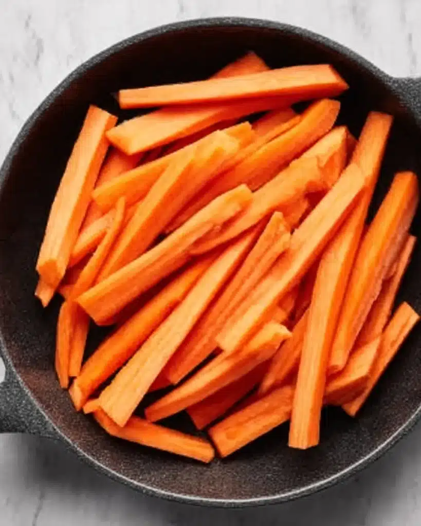 Simple Glazed Carrots 2 Raw carrot sticks in a dark skillet on a light surface, ready for cooking.