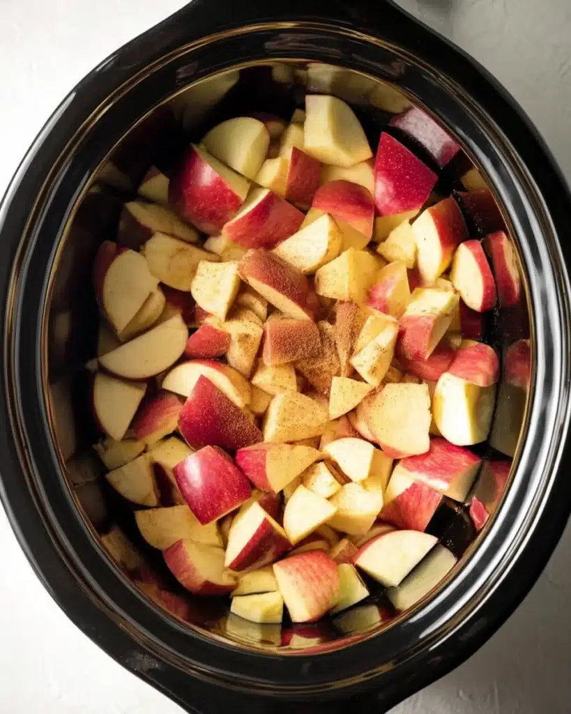 Chopped apples with cinnamon in a slow cooker for apple butter