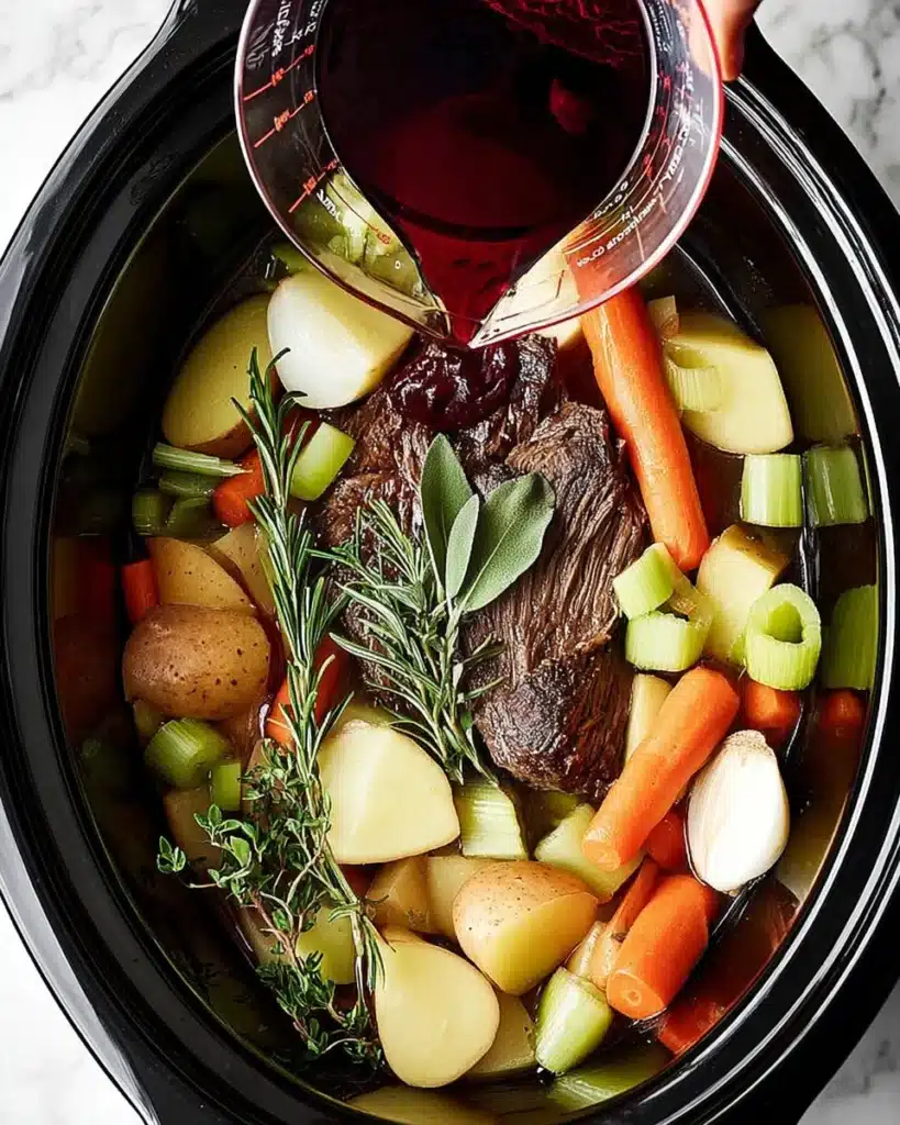 Slow Cooker Pot Roast (Tender, Flavorful & Easy) 3 Slow cooker pot roast with vegetables and herbs before cooking