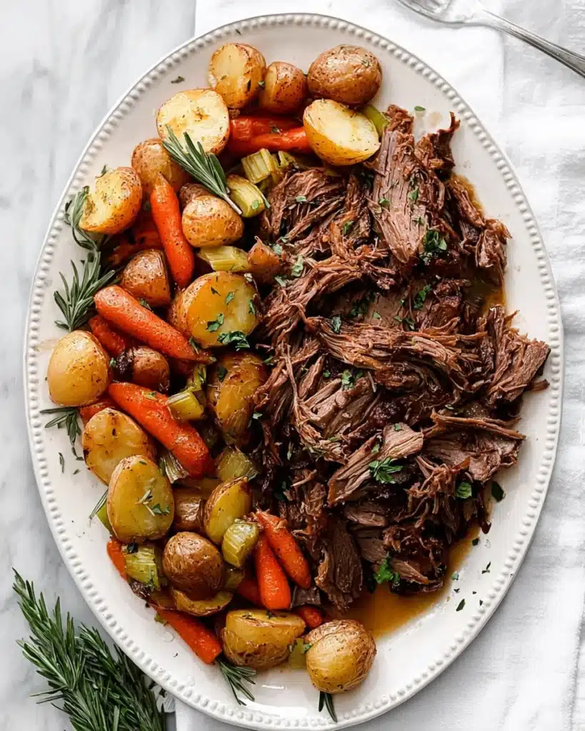Slow Cooker Pot Roast (Tender, Flavorful & Easy) 1 Slow cooker pot roast with tender beef, carrots, and potatoes on white platter