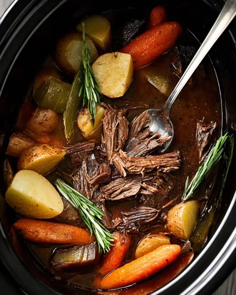Slow Cooker Pot Roast (Tender, Flavorful & Easy) 4 Tender slow cooker pot roast with vegetables and rosemary