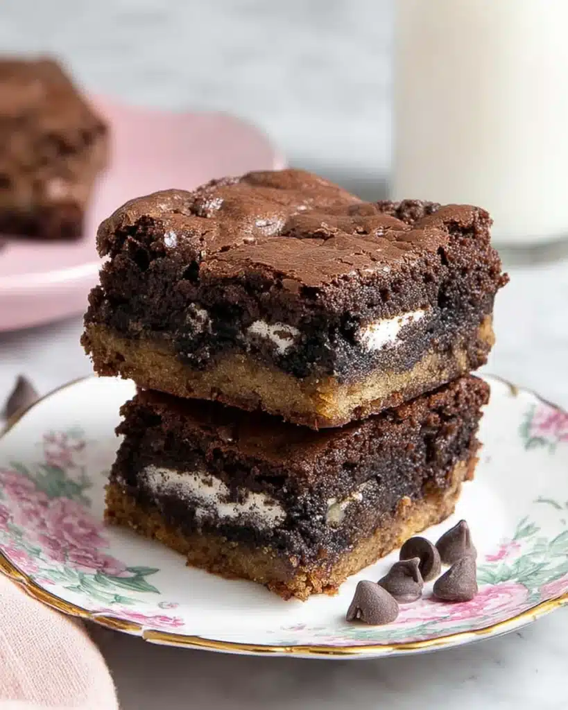 Irresistibly Gooey Slutty Brownies 3 Stacked Slutty Brownies with Oreo center on a floral dessert plate