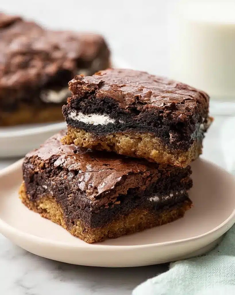 Irresistibly Gooey Slutty Brownies 1 Stacked Slutty Brownies with cookie dough, Oreo layer, and fudgy brownie on a plate