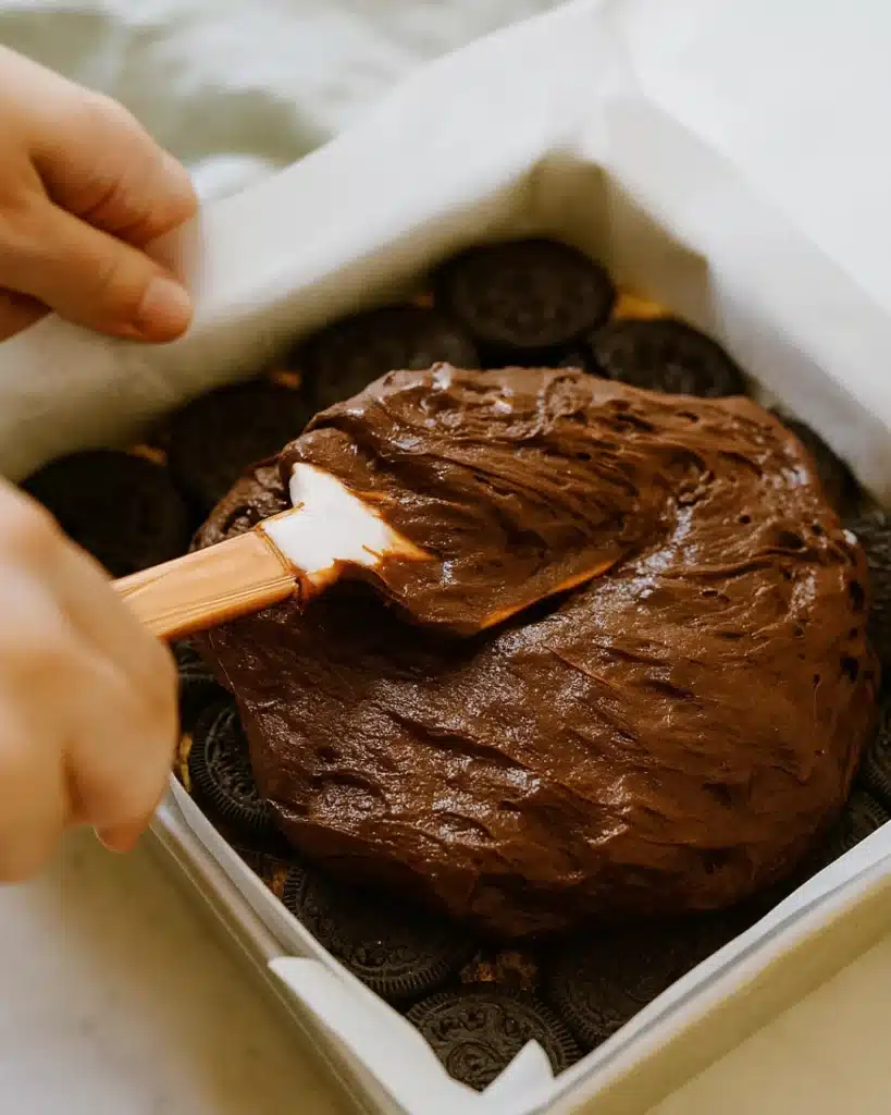 Irresistibly Gooey Slutty Brownies 2 Spreading brownie batter over Oreo cookies in a parchment-lined baking pan