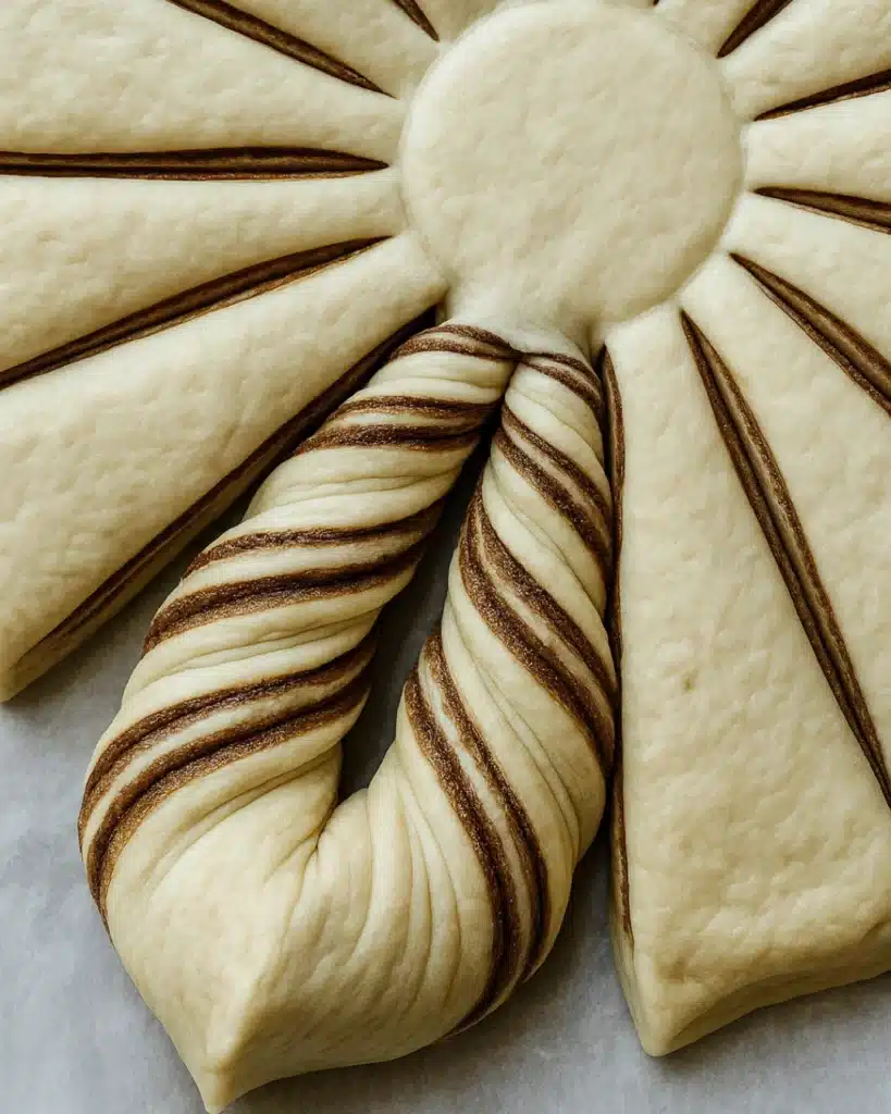Sourdough Discard Star Bread – A Festive Christmas Showstopper 6 Twisting sourdough discard star bread dough showing cinnamon layers