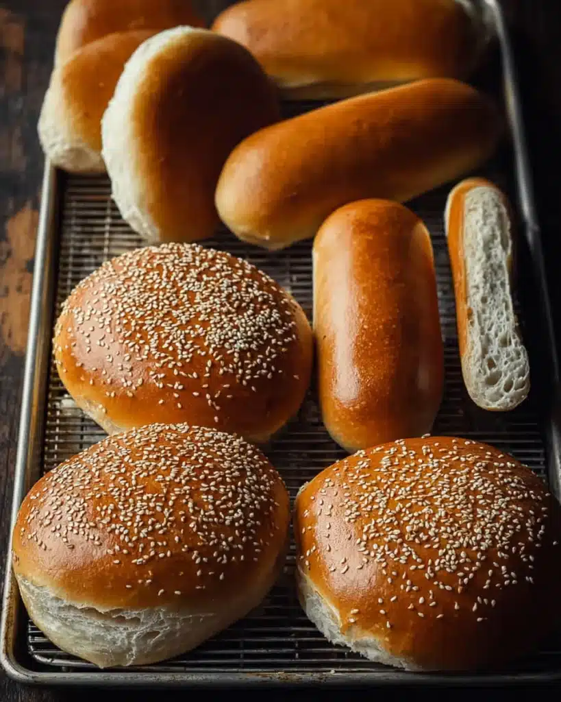 Sourdough Hamburger or Hot Dog Buns (Soft, Flavorful, and Easy to Make) 1 Sourdough Hamburger or Hot Dog Bunson cooling rack with sesame seeds