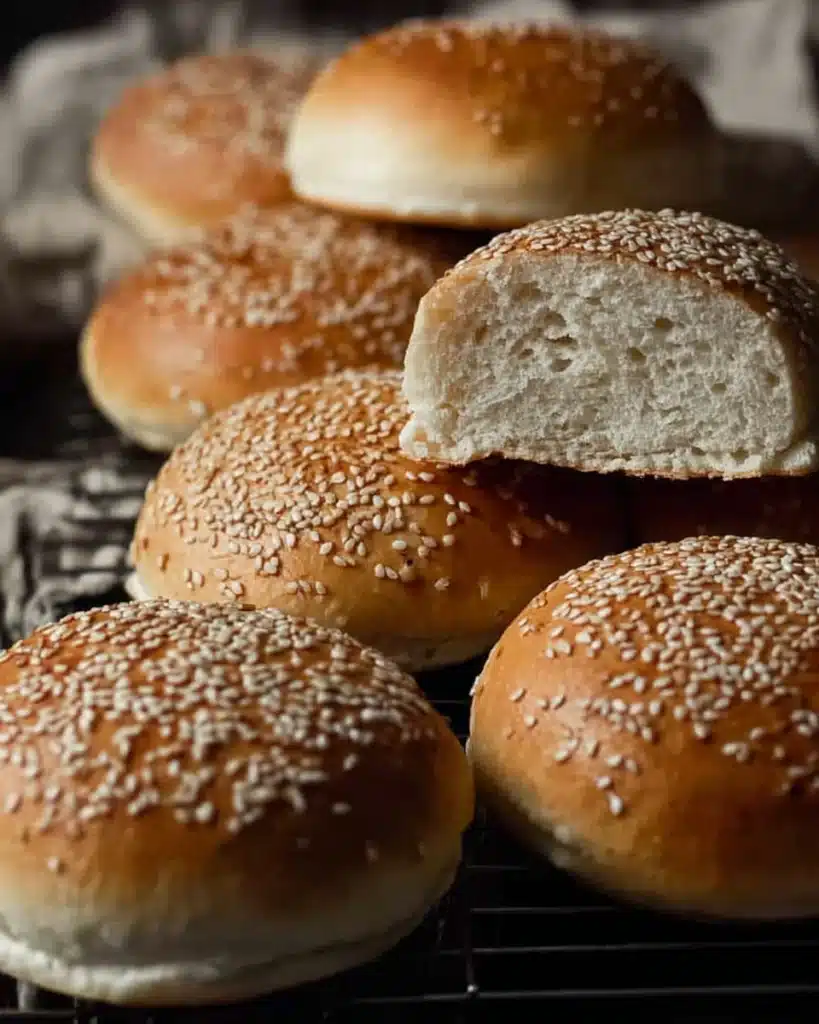 Sourdough Hamburger or Hot Dog Buns (Soft, Flavorful, and Easy to Make) 9 Golden sourdough hamburger buns topped with sesame seeds on baking tray