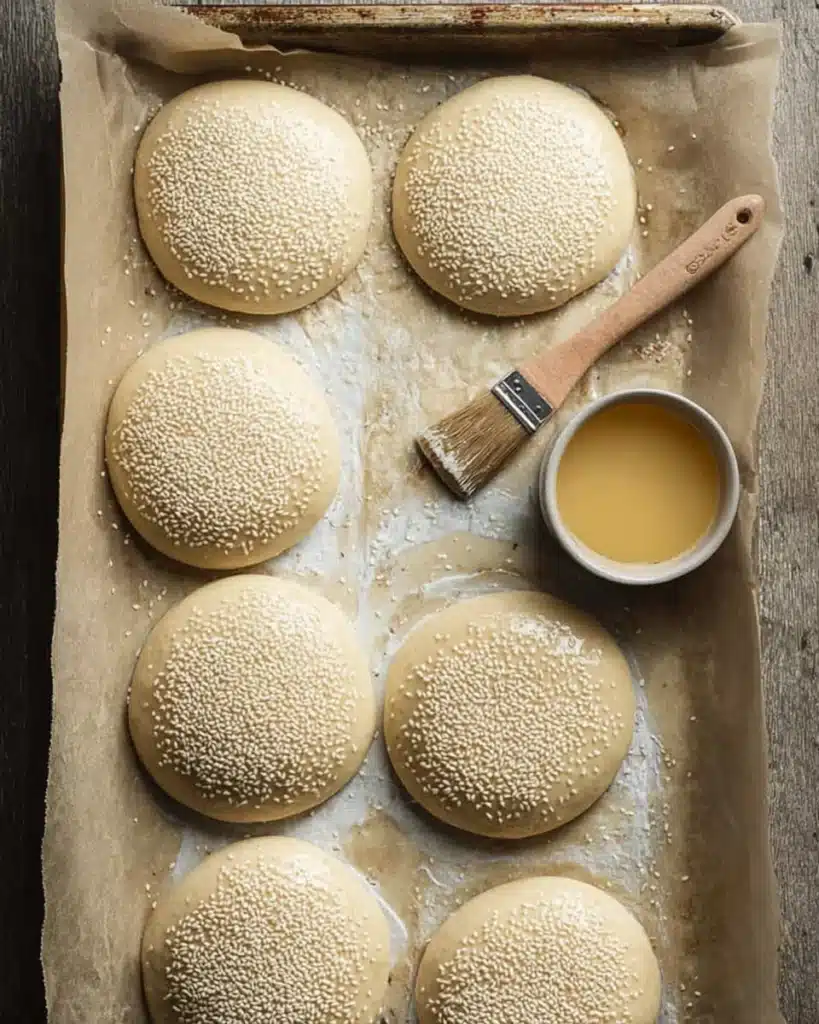 Sourdough Hamburger or Hot Dog Buns (Soft, Flavorful, and Easy to Make) 8 Sourdough hamburger buns topped with sesame seeds before baking