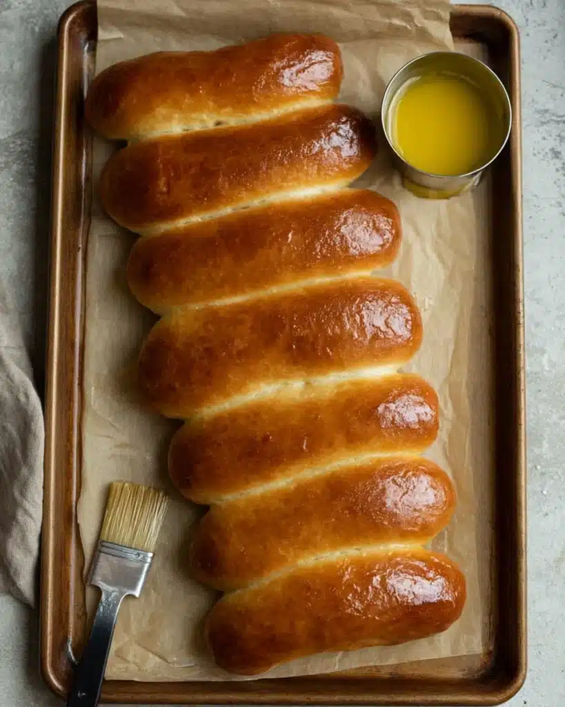 Sourdough Hamburger or Hot Dog Buns (Soft, Flavorful, and Easy to Make) 6 Golden sourdough hot dog buns brushed with butter on baking tray