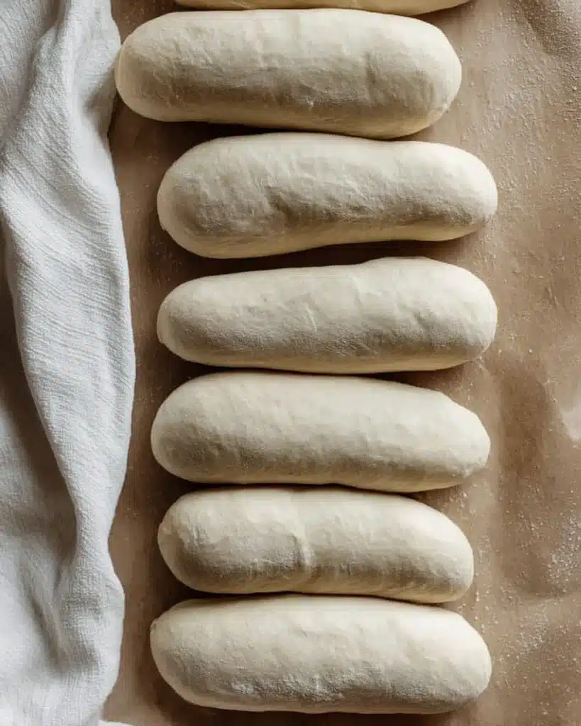 Sourdough Hamburger or Hot Dog Buns (Soft, Flavorful, and Easy to Make) 5 Proofed sourdough hot dog buns ready to bake on parchment sheet