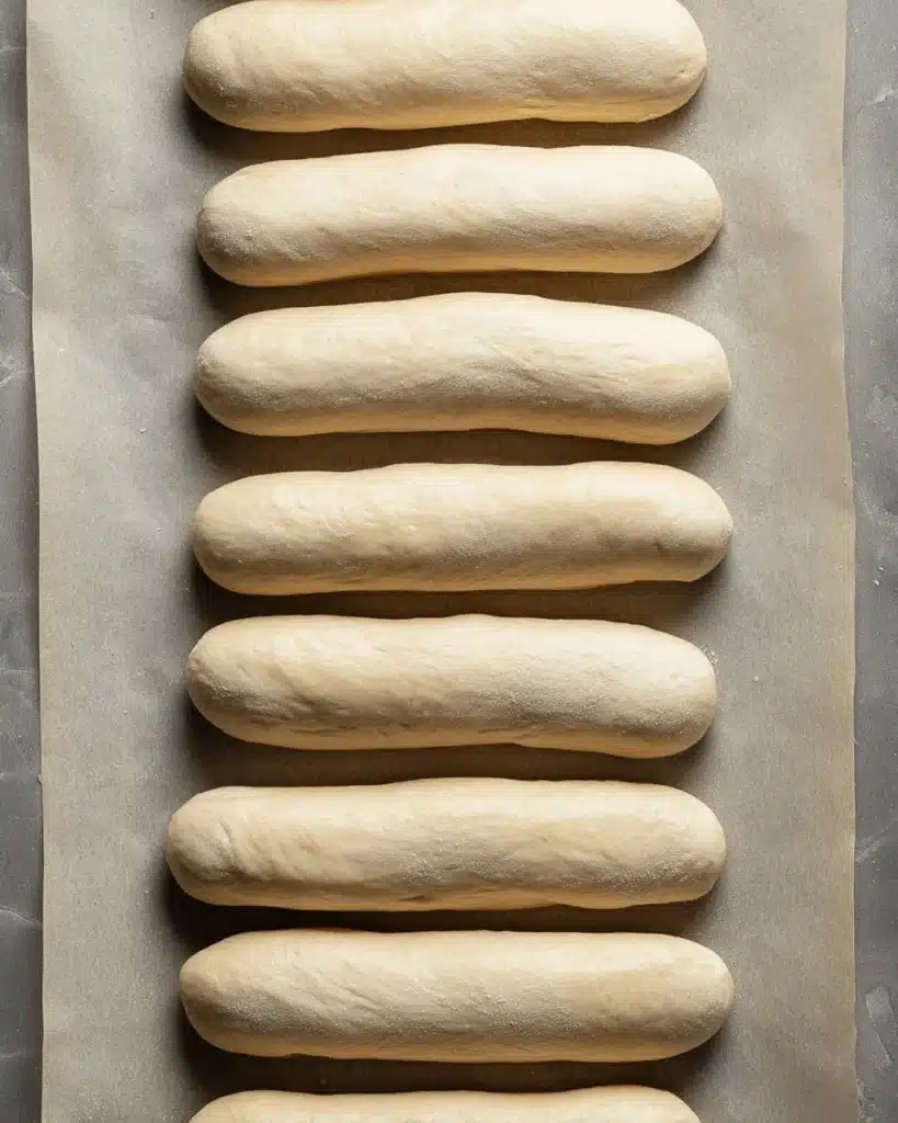 Sourdough Hamburger or Hot Dog Buns (Soft, Flavorful, and Easy to Make) 4 Unbaked sourdough hot dog buns on parchment-lined baking sheet