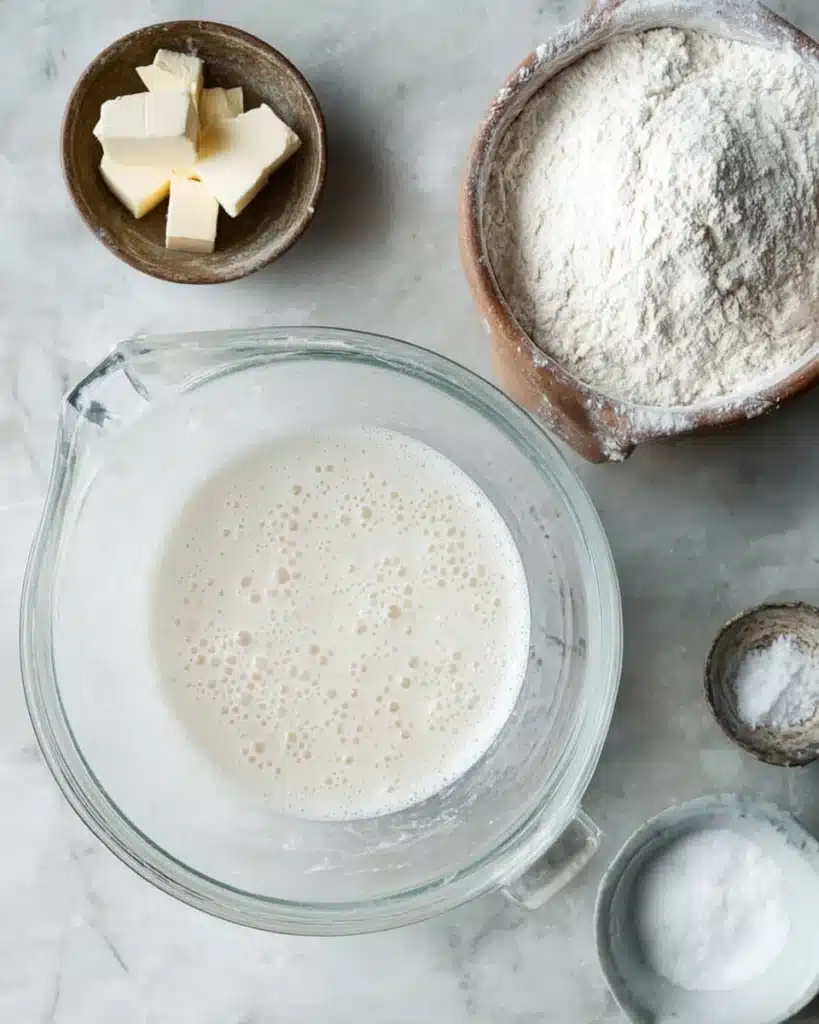 Sourdough Hamburger or Hot Dog Buns (Soft, Flavorful, and Easy to Make) 2 Sourdough bun dough ingredients in mixing bowl with flour and butter