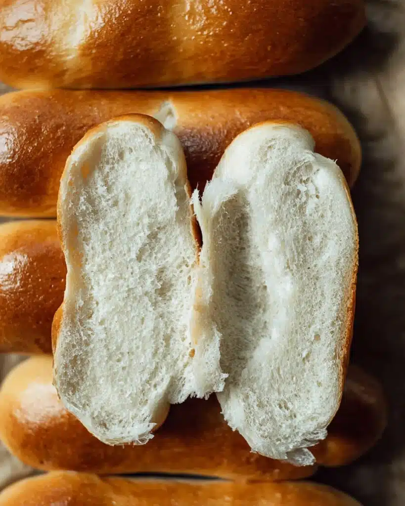 Sourdough Hamburger or Hot Dog Buns (Soft, Flavorful, and Easy to Make) 7 Soft sourdough hot dog bun torn open showing fluffy interior