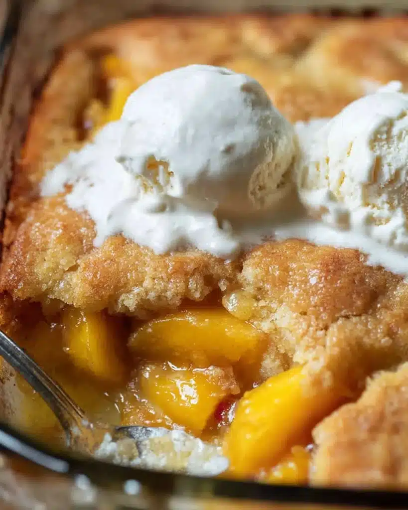 Sourdough Peach Cobbler (Perfect Christmas Dessert Recipe) 1 Sourdough peach cobbler with vanilla ice cream in a baking dish