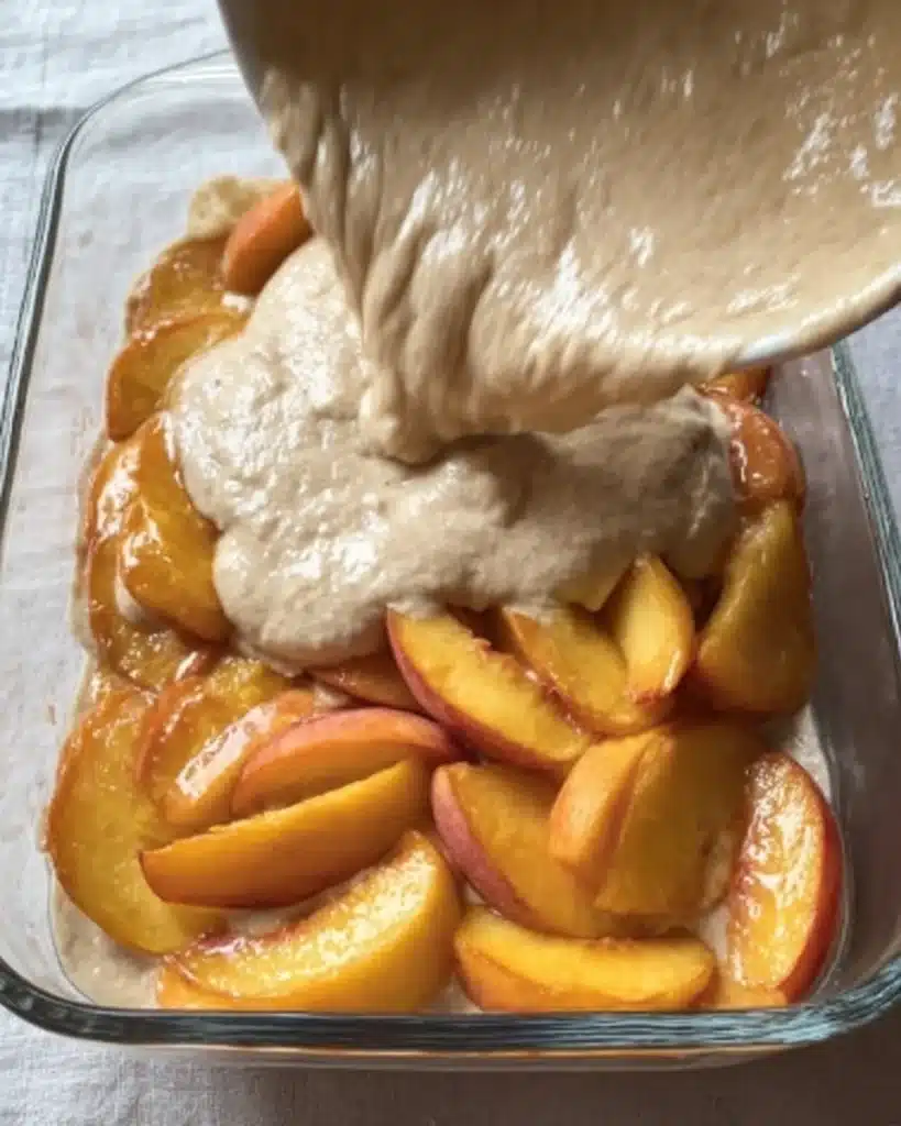 Sourdough Peach Cobbler (Perfect Christmas Dessert Recipe) 3 Pouring sourdough batter over peaches for cobbler