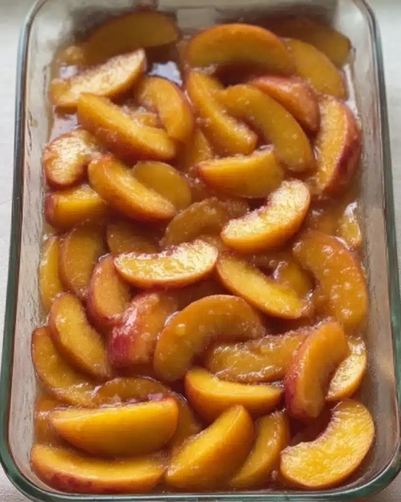 Sourdough Peach Cobbler (Perfect Christmas Dessert Recipe) 2 Fresh peach slices for sourdough peach cobbler in a baking dish