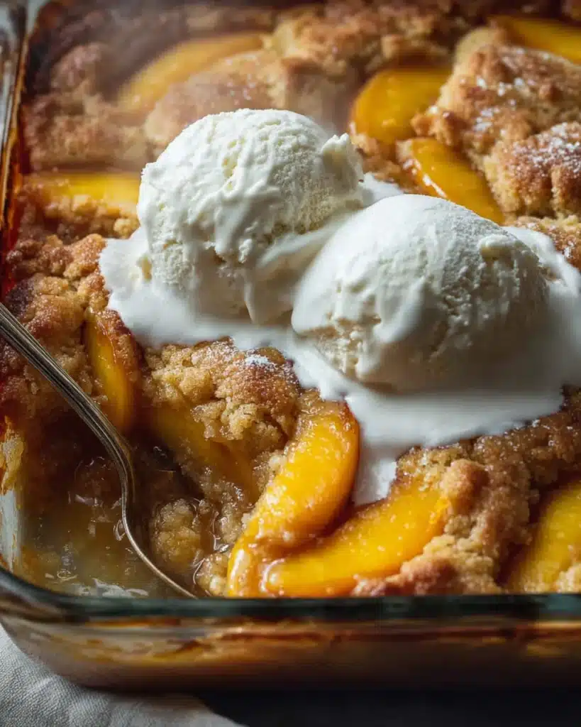 Sourdough Peach Cobbler (Perfect Christmas Dessert Recipe) 5 Warm sourdough peach cobbler with melting vanilla ice cream