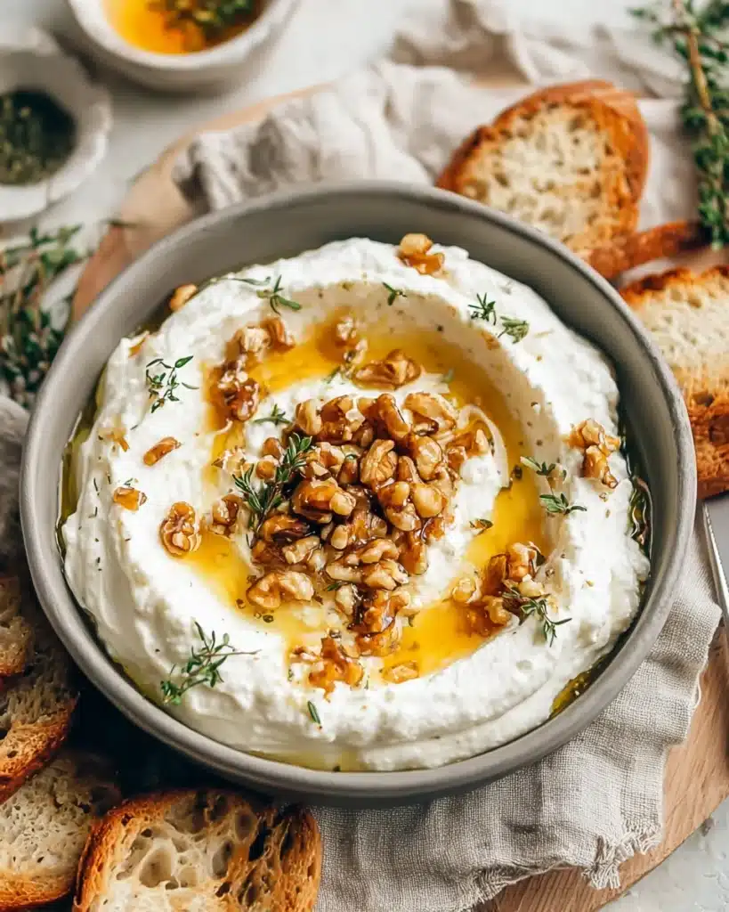 Spicy Ricotta Dip with Hot Honey 3 Whipped spicy ricotta dip with hot honey, walnuts, and rosemary