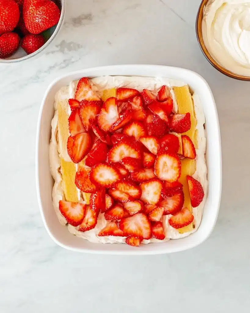 Strawberry Tiramisu 3 Layering strawberry tiramisu with ladyfingers and sliced strawberries in a white dish