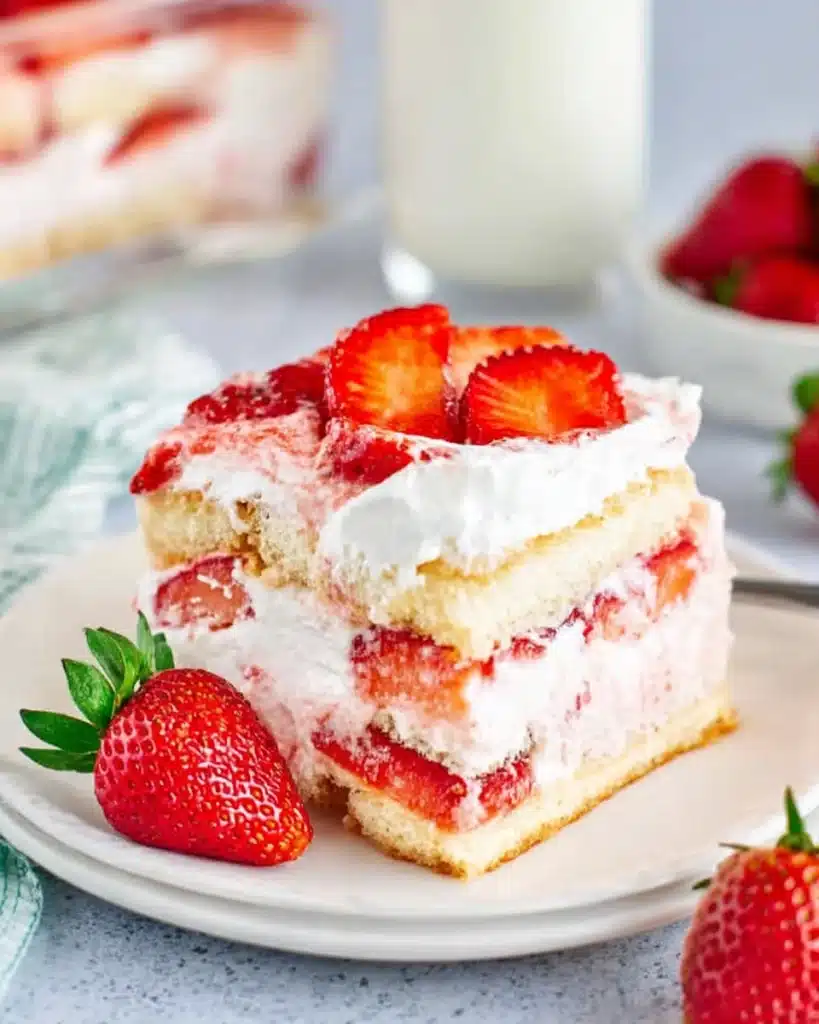 Strawberry Tiramisu 4 Strawberry tiramisu slice with fresh strawberries on a white plate