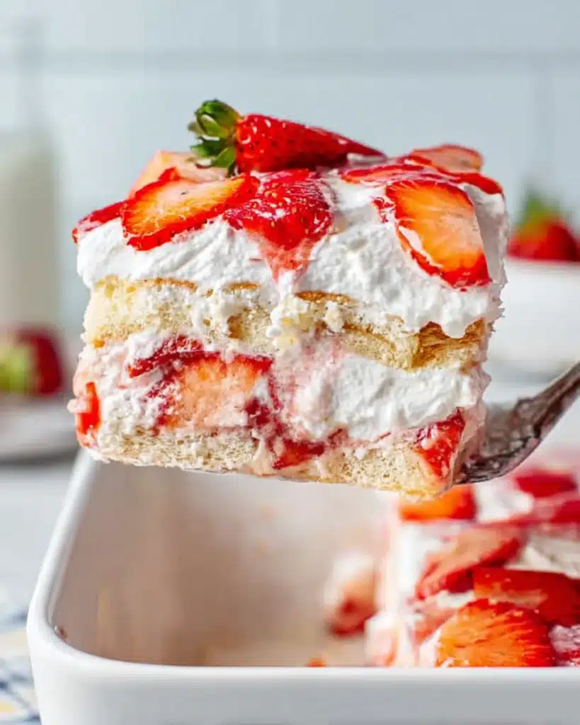 Strawberry Tiramisu 1 Slice of strawberry tiramisu with whipped cream and fresh strawberries in a white dish