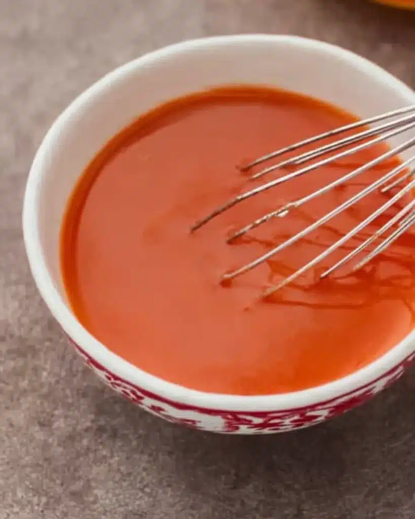 Sweet and Sour Chicken Recipe (Better Than Takeout!) 4 Whisking bright orange sweet and sour sauce in a white bowl