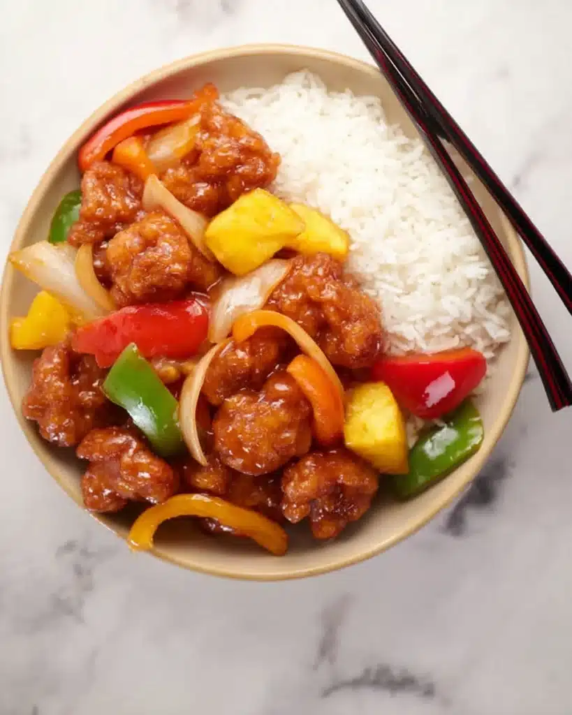 Sweet and Sour Chicken Recipe (Better Than Takeout!) 1 Sweet and sour chicken with rice, peppers, and pineapple in a beige bowl
