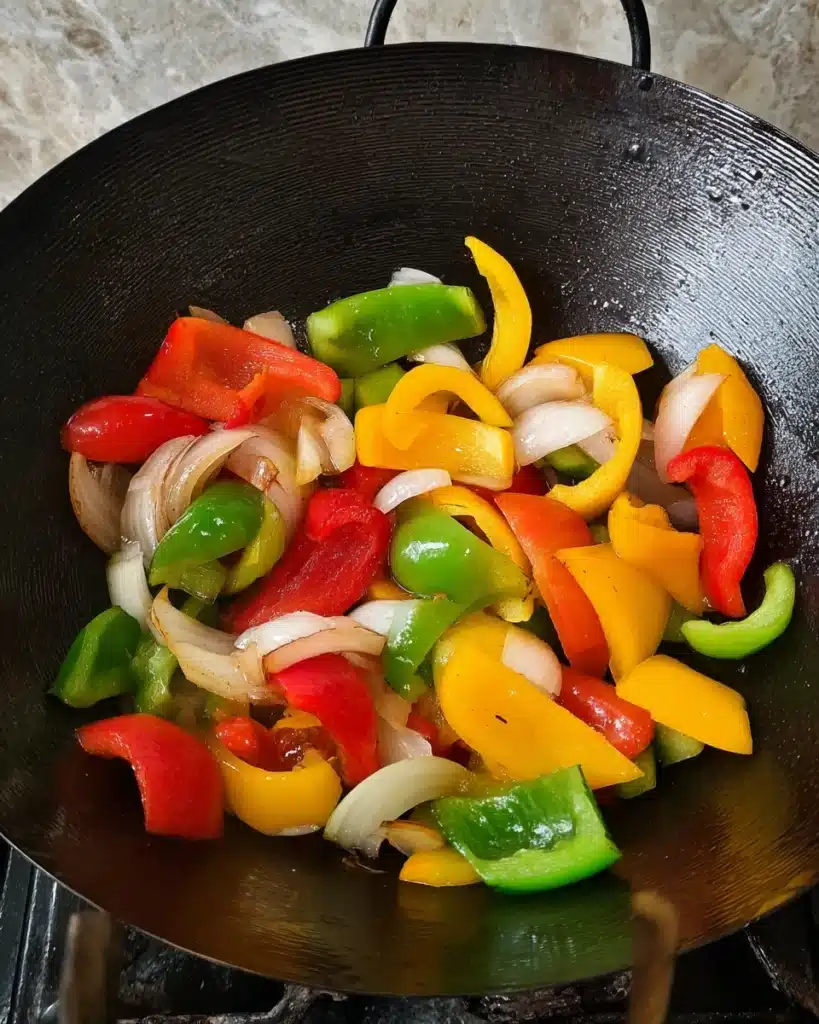 Sweet and Sour Chicken Recipe (Better Than Takeout!) 6 Colorful bell peppers and onions sautéing in a black wok for sweet and sour chicken