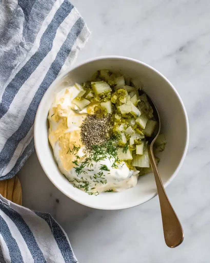 Easy Homemade Tartar Sauce for Seafood Lovers (5-Minute Recipe) 3 Tartar sauce ingredients in a white bowl with mayo, pickles, mustard, and herbs