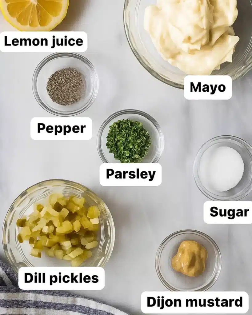 Easy Homemade Tartar Sauce for Seafood Lovers (5-Minute Recipe) 2 Tartar sauce ingredients in a white bowl with mayo, pickles, mustard, and herbs