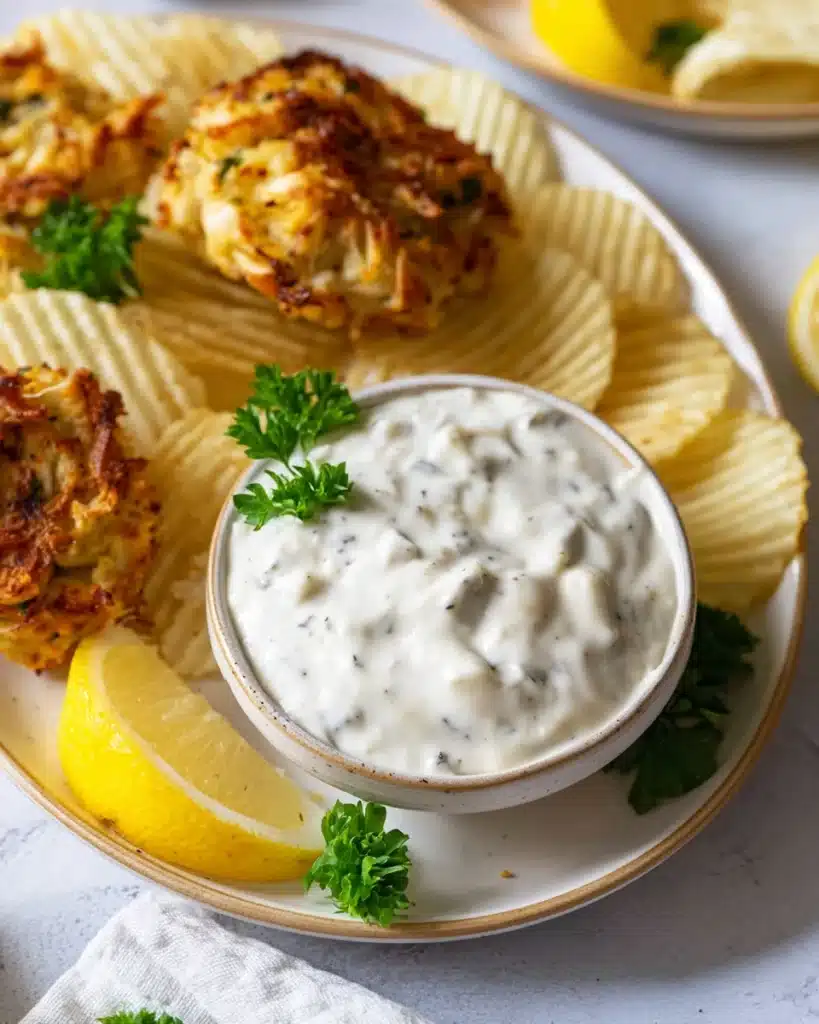 Easy Homemade Tartar Sauce for Seafood Lovers (5-Minute Recipe) 1 Tartar sauce served with crab cakes, lemon wedges, and chips