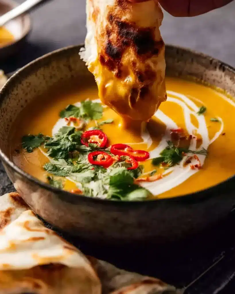 Thai Coconut Pumpkin Soup 4 Thai coconut pumpkin soup with roti and fresh coriander in rustic bowl