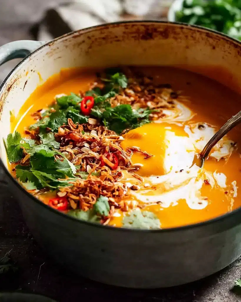 Thai Coconut Pumpkin Soup 1 Thai coconut pumpkin soup with coriander, crispy shallots, and coconut cream swirl