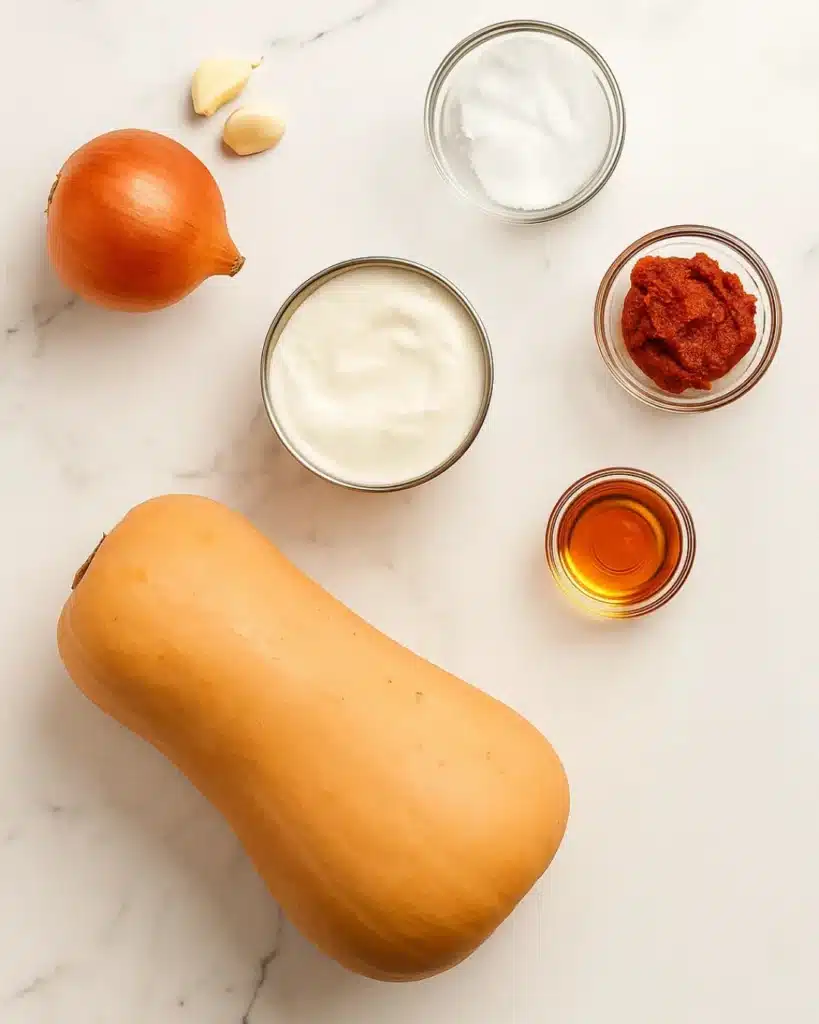 Thai Coconut Pumpkin Soup 2 Fresh ingredients for Thai coconut pumpkin soup on a white marble surface