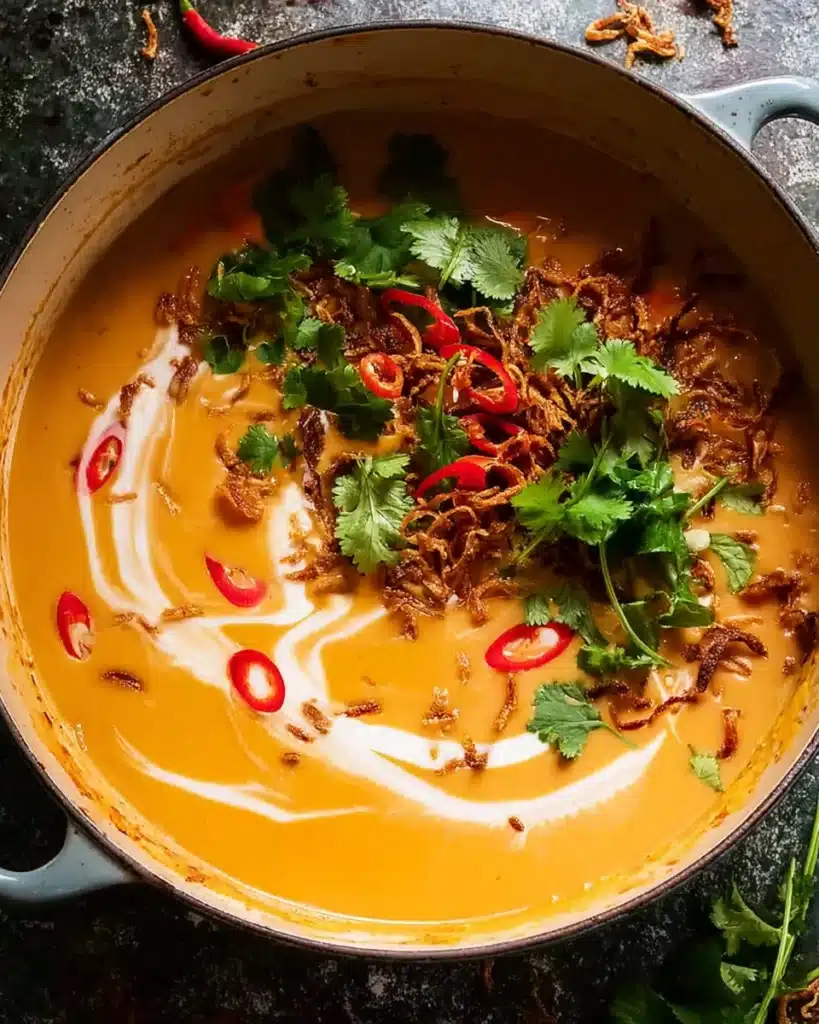 Thai Coconut Pumpkin Soup 3 Thai coconut pumpkin soup with coriander, chili, and coconut cream swirl in pot
