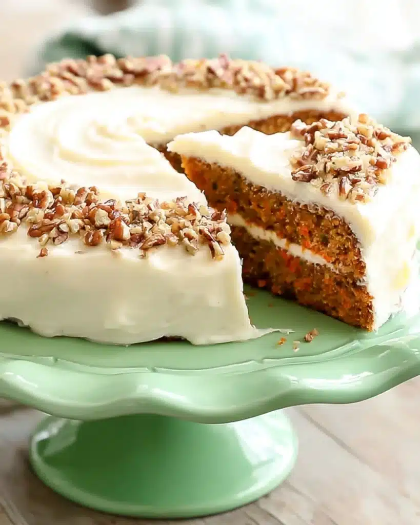 The BEST Carrot Cake with cream cheese frosting and chopped nuts on a green cake stand