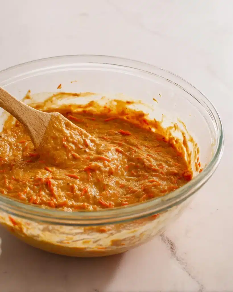 Carrot cake batter in a glass bowl with a spatula