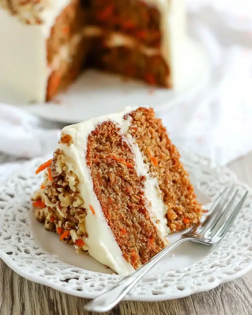 Slice of moist carrot cake with cream cheese frosting and chopped nuts