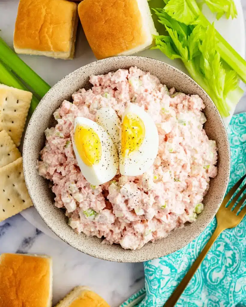 The Best Ham Salad with egg and crackers in a speckled bowl on a marble surface