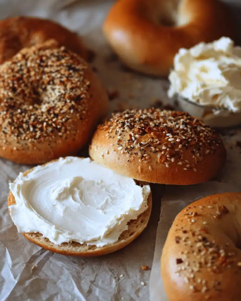 The Best Sourdough Bagels 5 Sourdough bagel with cream cheese and assorted toppings on parchment