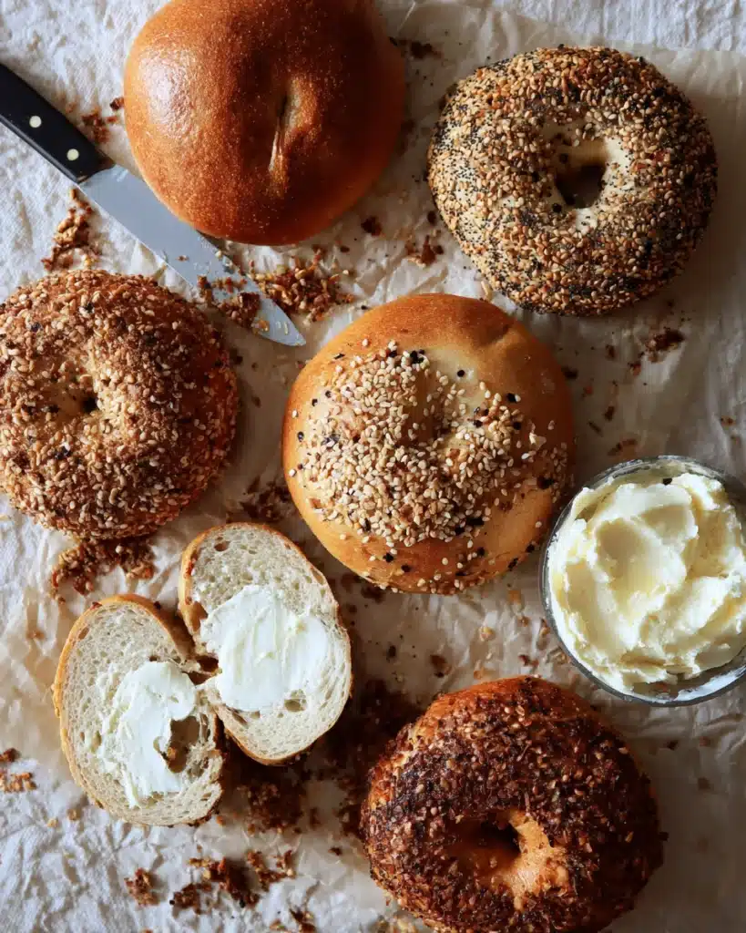 The Best Sourdough Bagels 4 Assorted sourdough bagels with cream cheese and toppings on parchment