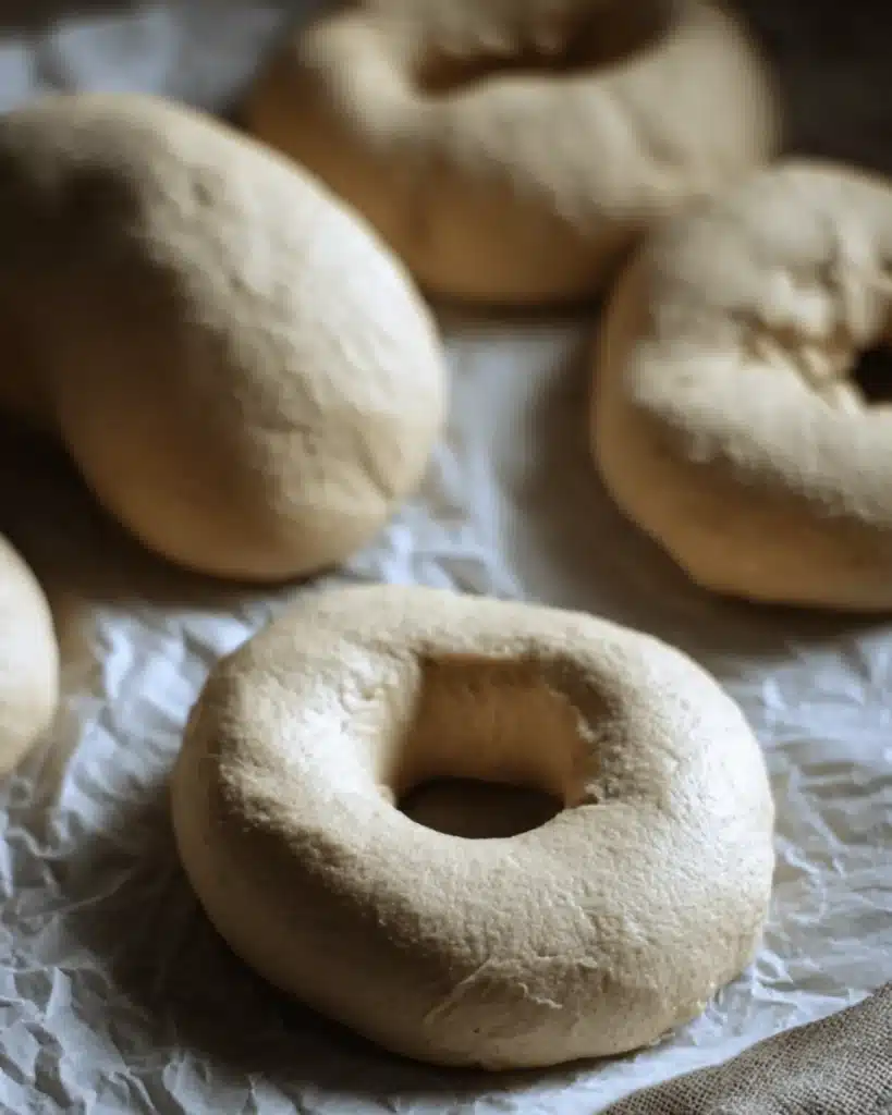 The Best Sourdough Bagels 3 Shaped sourdough bagel dough pieces on parchment before boiling