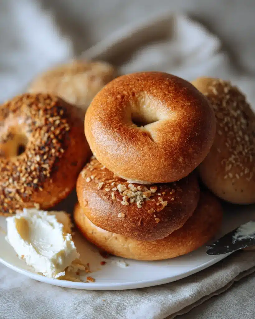 The Best Sourdough Bagels 1 The Best Sourdough Bagels on a white plate with cream cheese spread